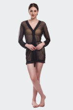 Woman wearing black sheer robe dress with full sleeves – Angelicez lingerie