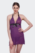 lavender lace babydoll nightdress with satin bow – front view – Angelicez