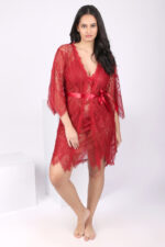maroon lace robe dress front view plus size model smiling