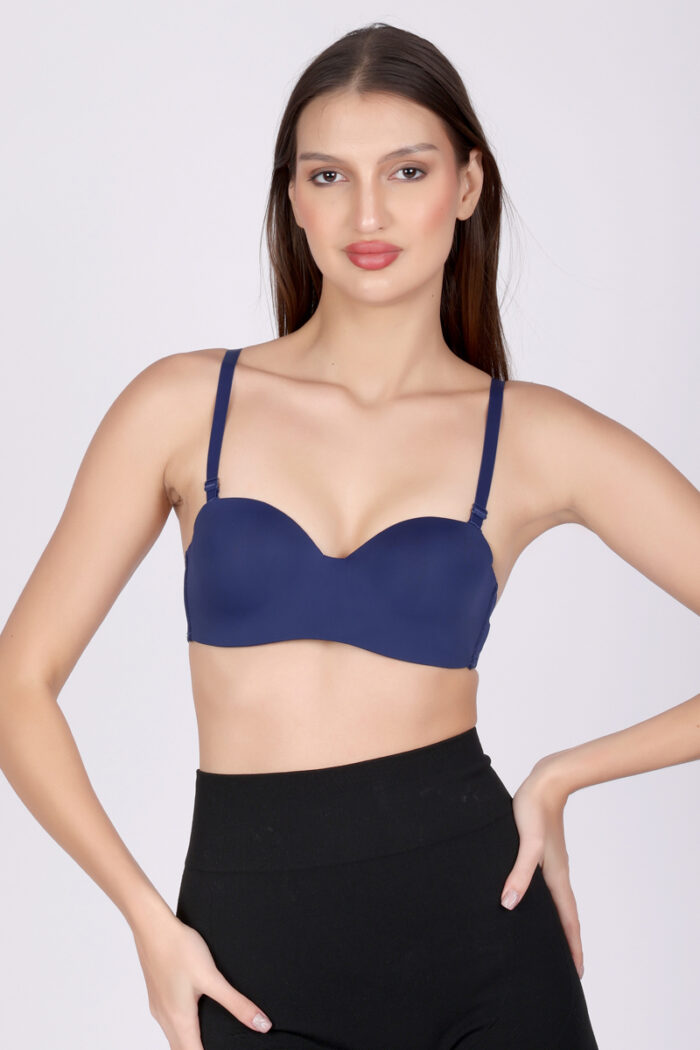 Model wearing midnight blue seamless padded bra by Angelicez
