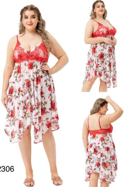 Plus size floral rose print nightdress with red lace cups and flowy hem – Angelicez