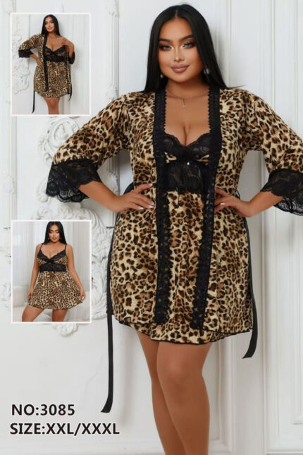 Plus size leopard print nightwear set with lace robe – Angelicez