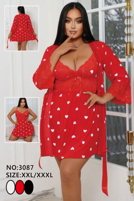 Plus size heart print nightwear set with lace robe and straps – Angelicez