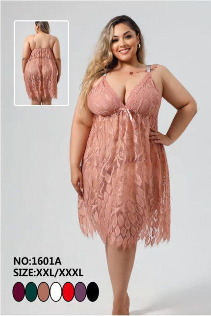 Plus size sheer lace babydoll with deep V-neck and floral design – Blush Bloom