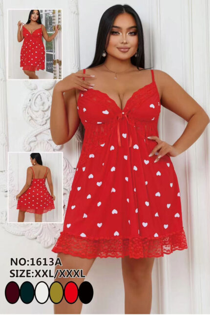Plus size red heart print nightdress with lace detailing and scalloped hem – Angelicez