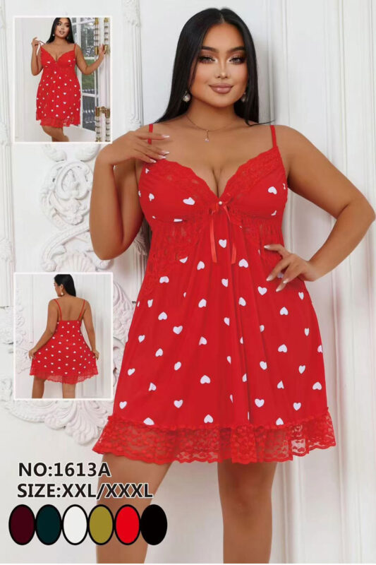 Plus size red heart print nightdress with lace detailing and scalloped hem – Angelicez