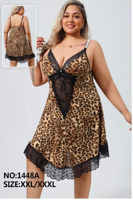 Plus size leopard print babydoll with sheer lace panel and sparkle straps – Wild Charm