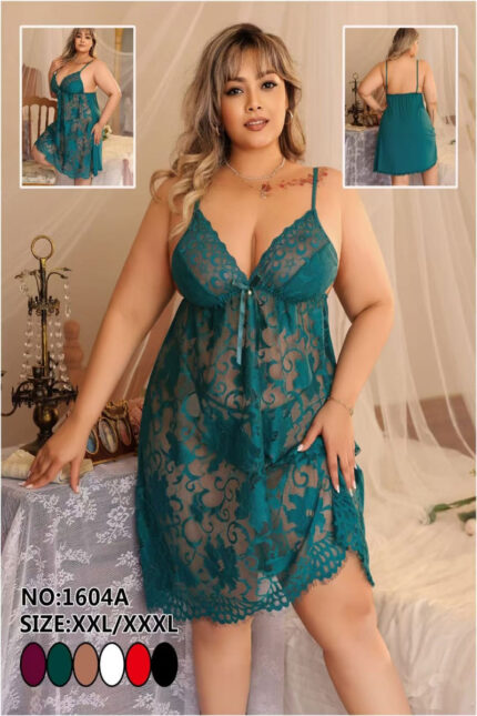 Elegant plus size lace babydoll in emerald green with sheer stretch-fit design – Emerald Allure