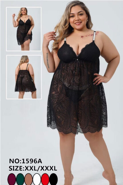 Black sheer lace babydoll with sparkle straps – elegant plus size lingerie – Noir Allure