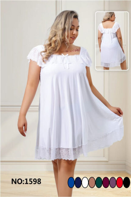 White sheer lace plus size babydoll with glittery straps and satin bow – Moonlight Allure