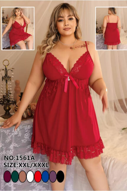 Plus size red lace nightwear babydoll with satin bow – Elegance Embrace