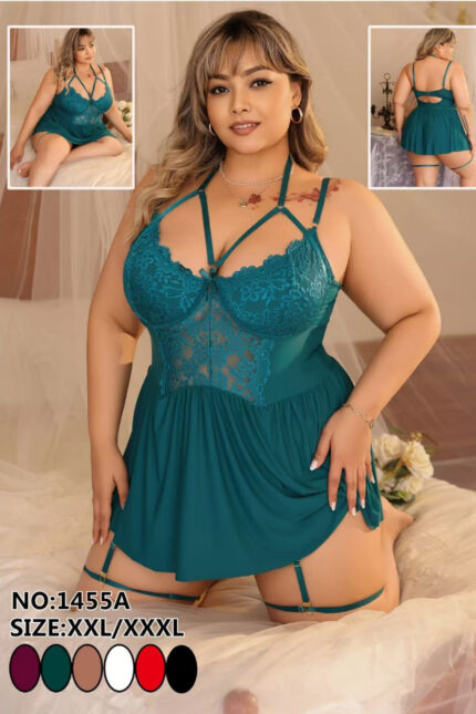Strappy lace plus size babydoll with garter straps in deep teal – Bold Embrace